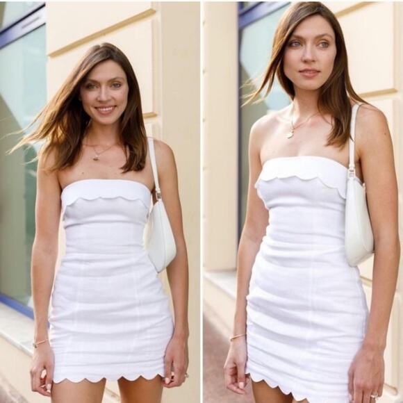 Reformation Isles Linen White Strapless Scalloped Mini Dress Womens 6